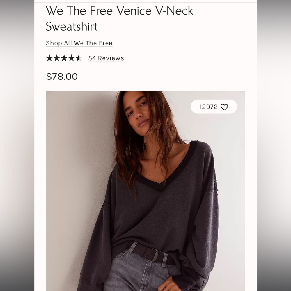 NWT Free People We The Free Venice V-Neck Sweatshirt  Black XS